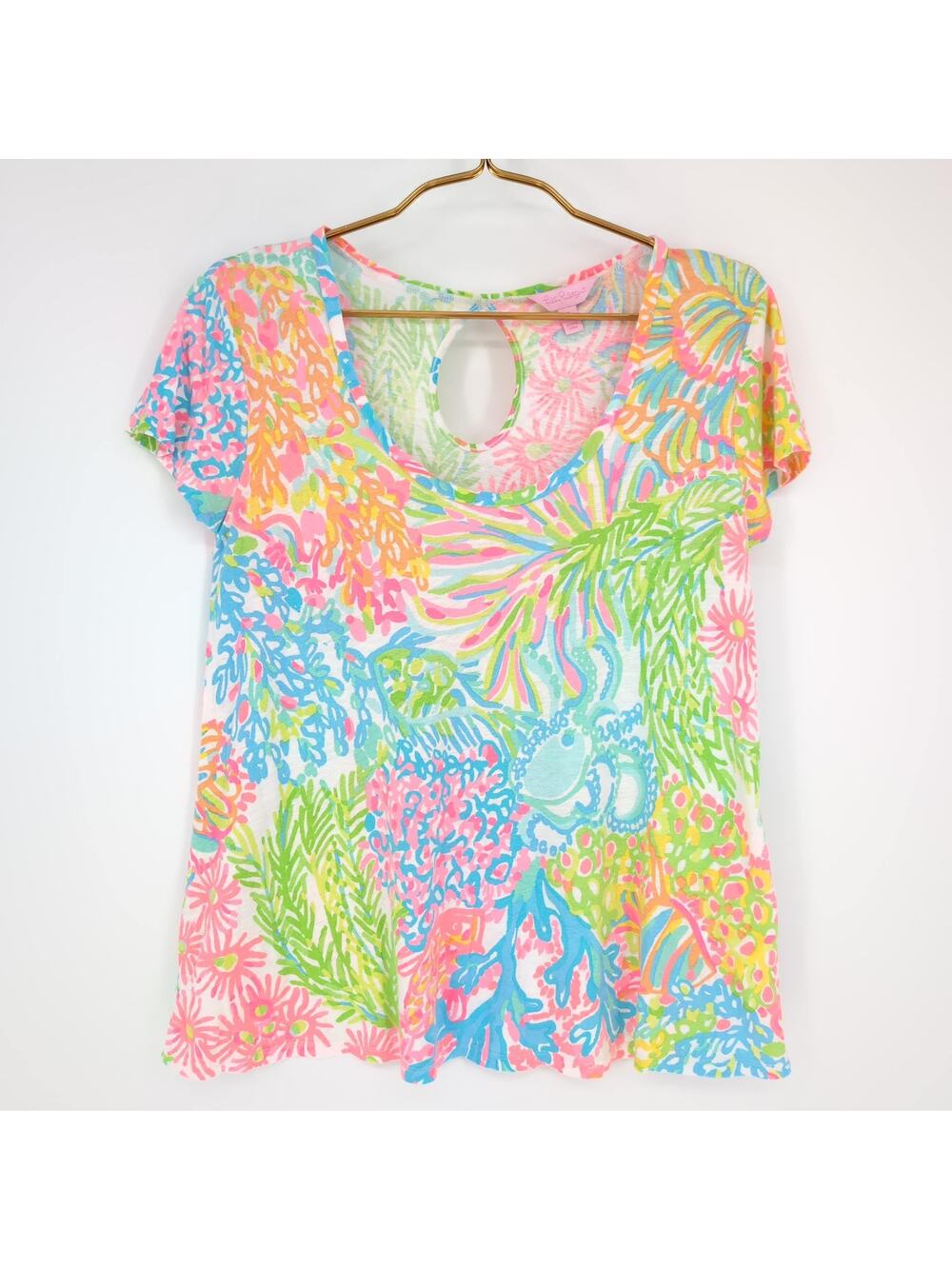 Lilly Pulitzer Michele Top Multi More Lovers Coral Keyhole Shirt - Size S - GUC
